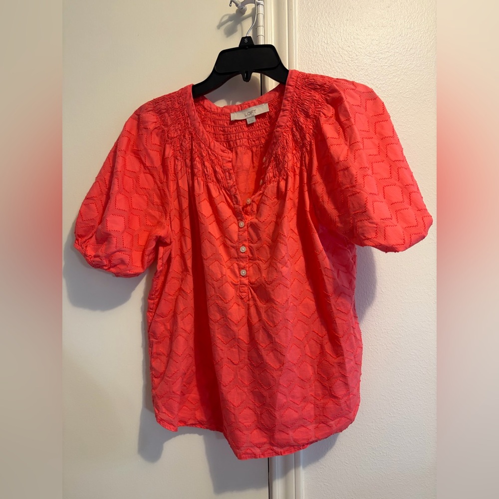 LOFT Coral Textured Eyelet Short Sleeve Blouse